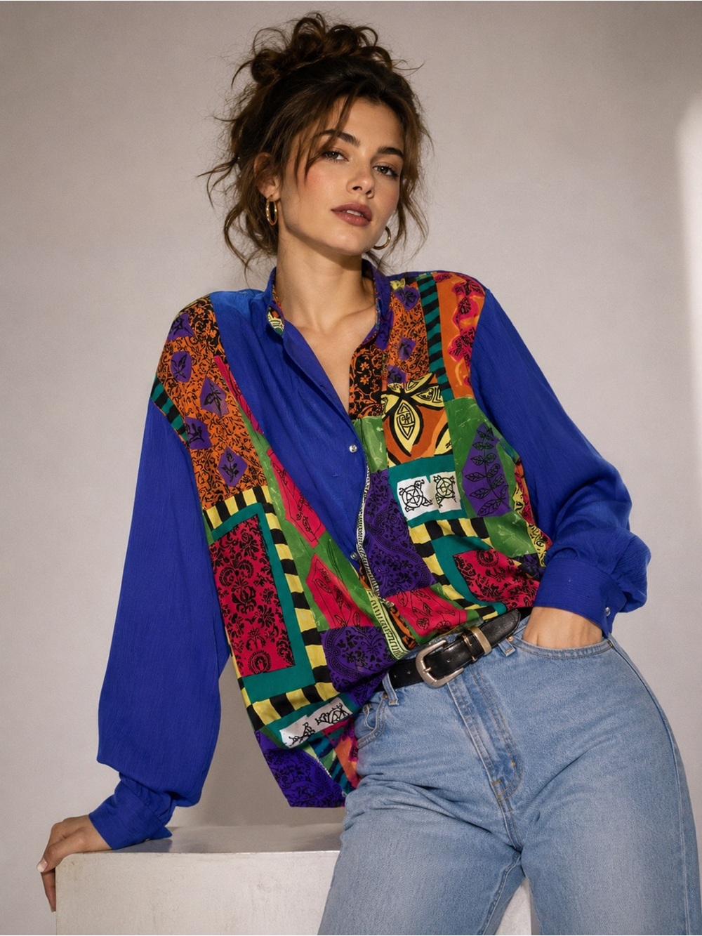 Blue Multicolor Patchwork Twofer Button-Up Vest & Blouse Size M dopamine 90s
